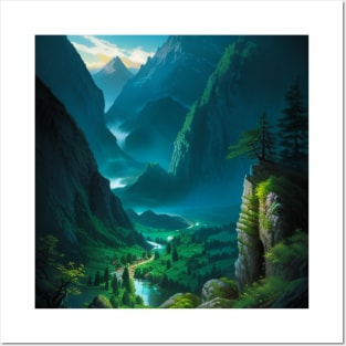 Overlook of a Lush, Misty, Green Temperate Rainforest Canyon Posters and Art